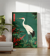Japanese crane poster with a white crane, red berries, and green leaves on a teal background in traditional Asian art style. - Image 3