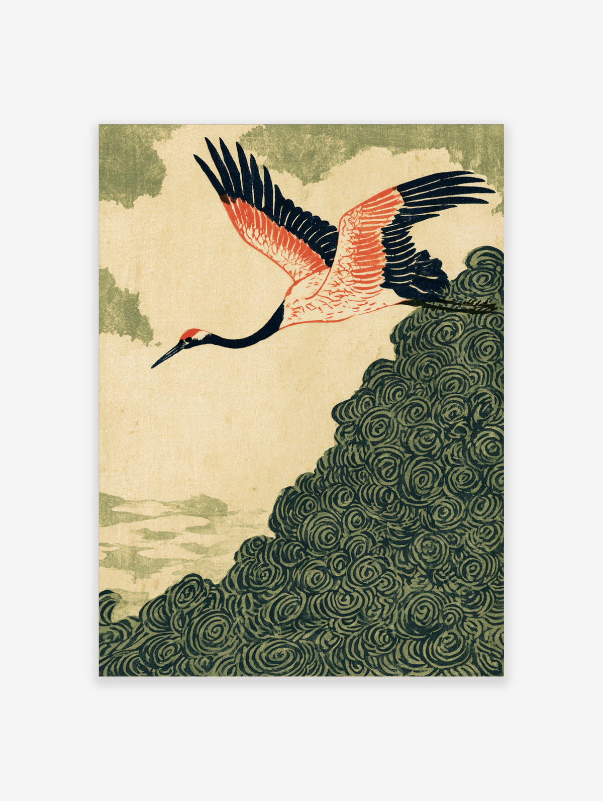 Japanese crane poster with red-crowned bird flying over swirling green clouds on beige background