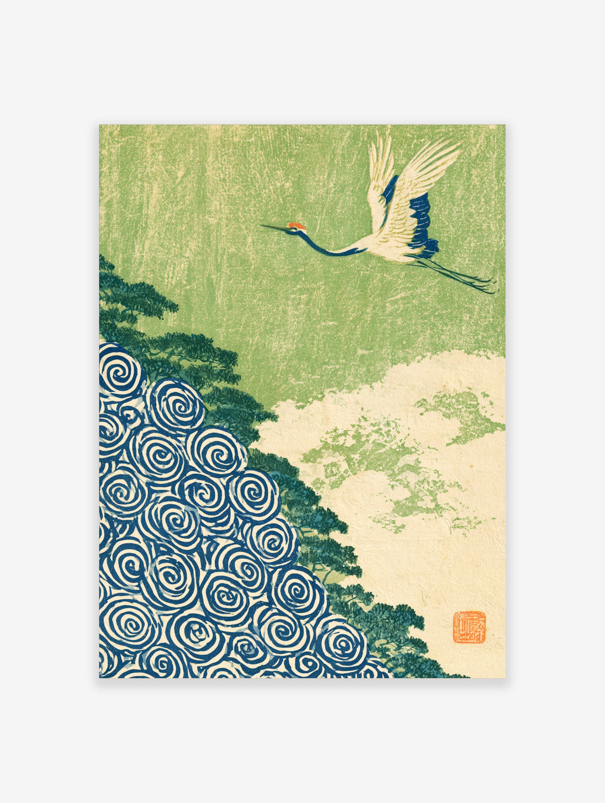 Japanese crane poster with flying red-crowned crane, green clouds and blue spiral pine