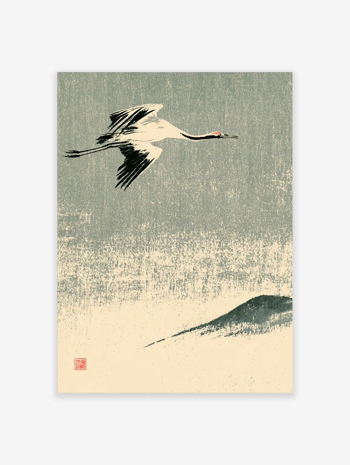 Japanese crane poster with red-crowned bird flying over textured green and cream background