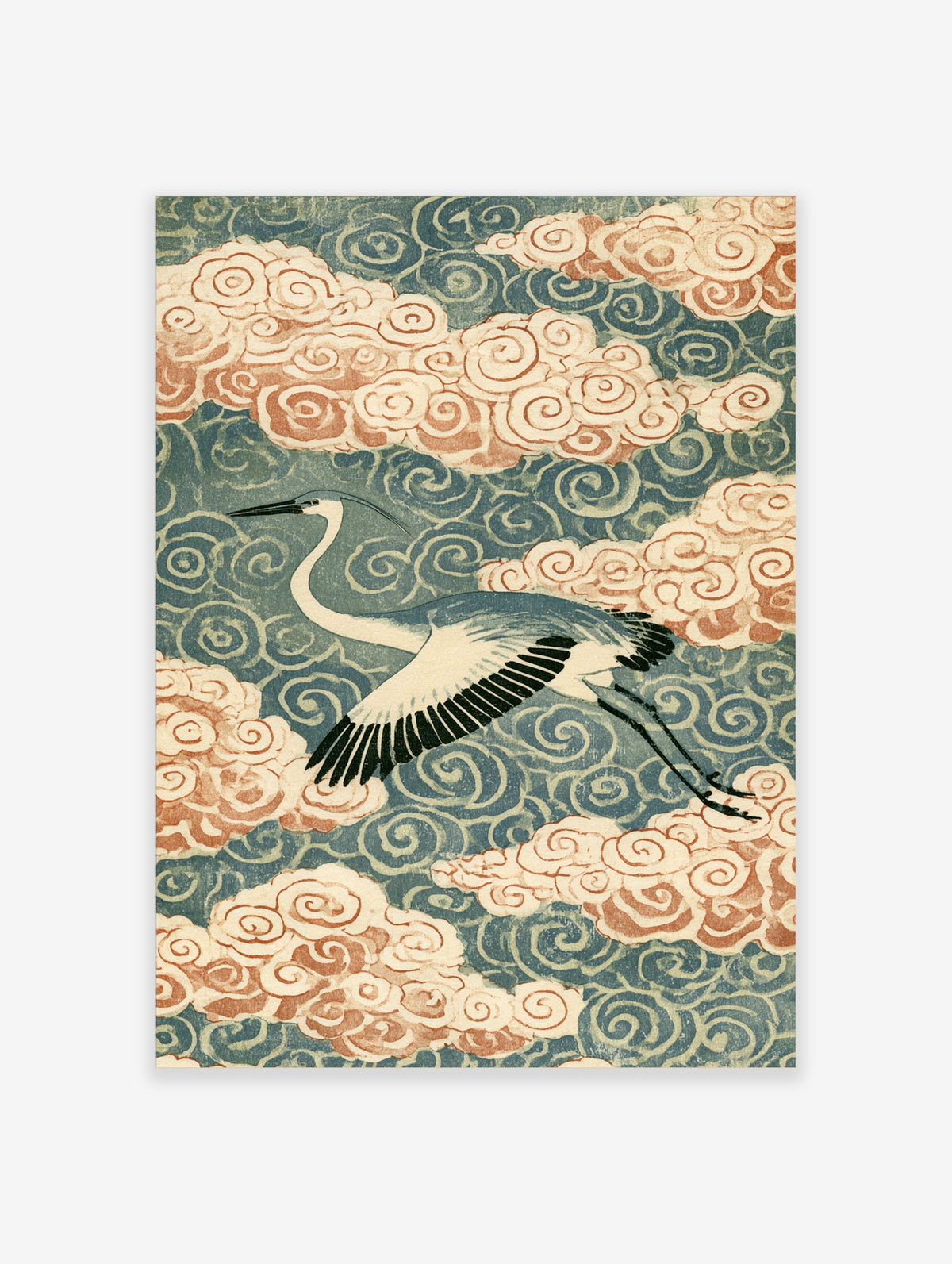 Japanese crane poster with flying heron, cream clouds, and blue swirl background