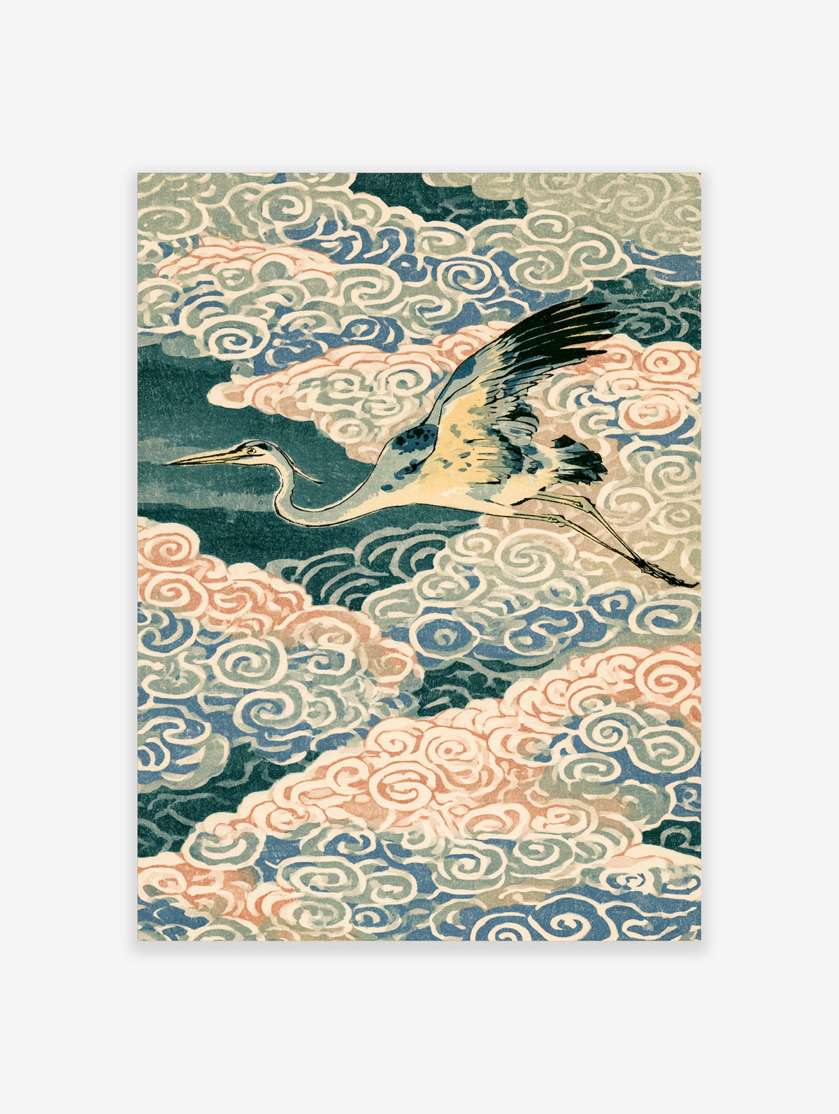Japanese crane poster of a flying heron over blue and peach stylised clouds