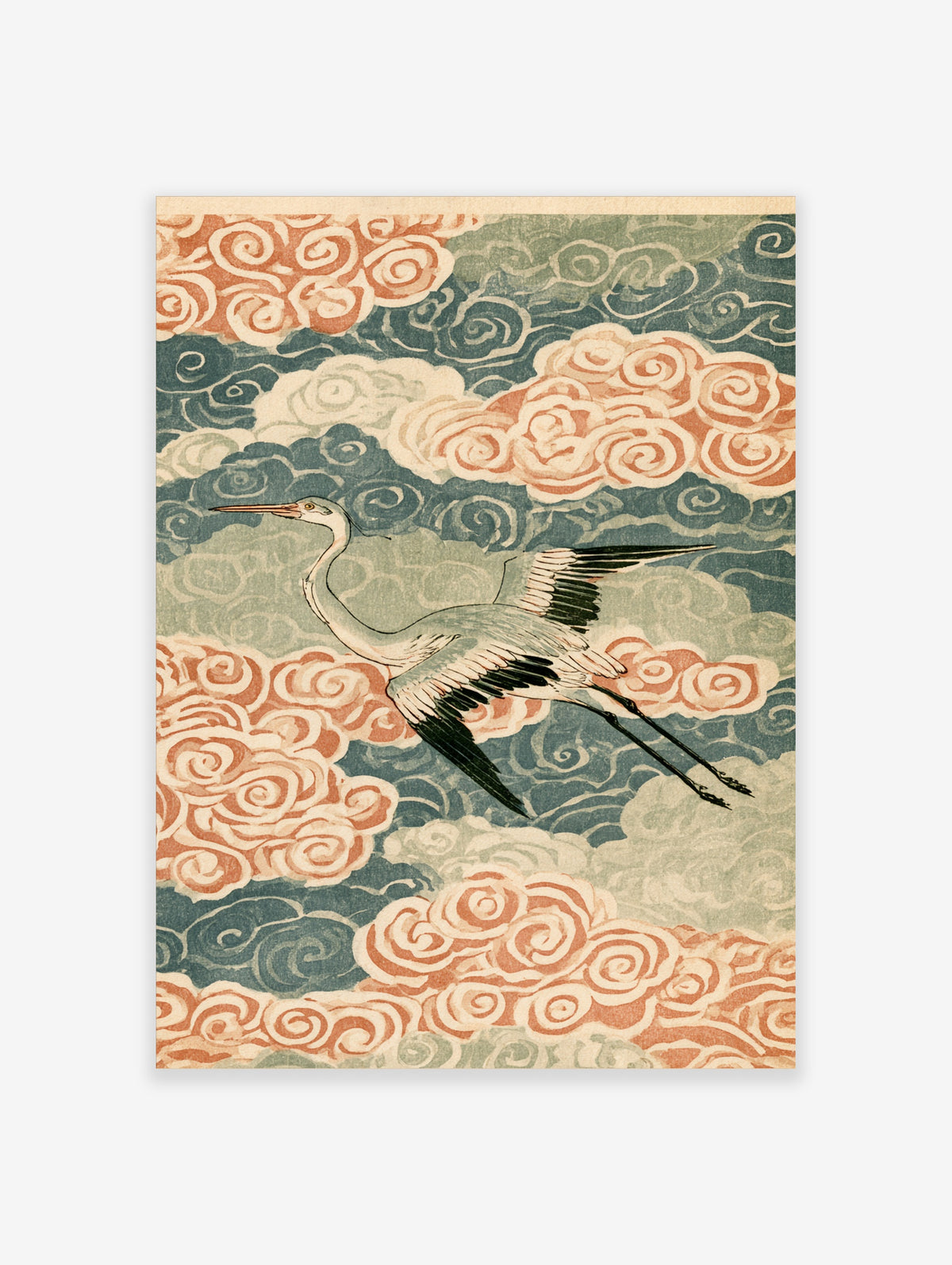 Japanese crane poster with flying heron and swirling peach and teal clouds