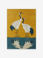 Japanese Crane poster featuring two white cranes with red heads standing in blue water against a gold background.