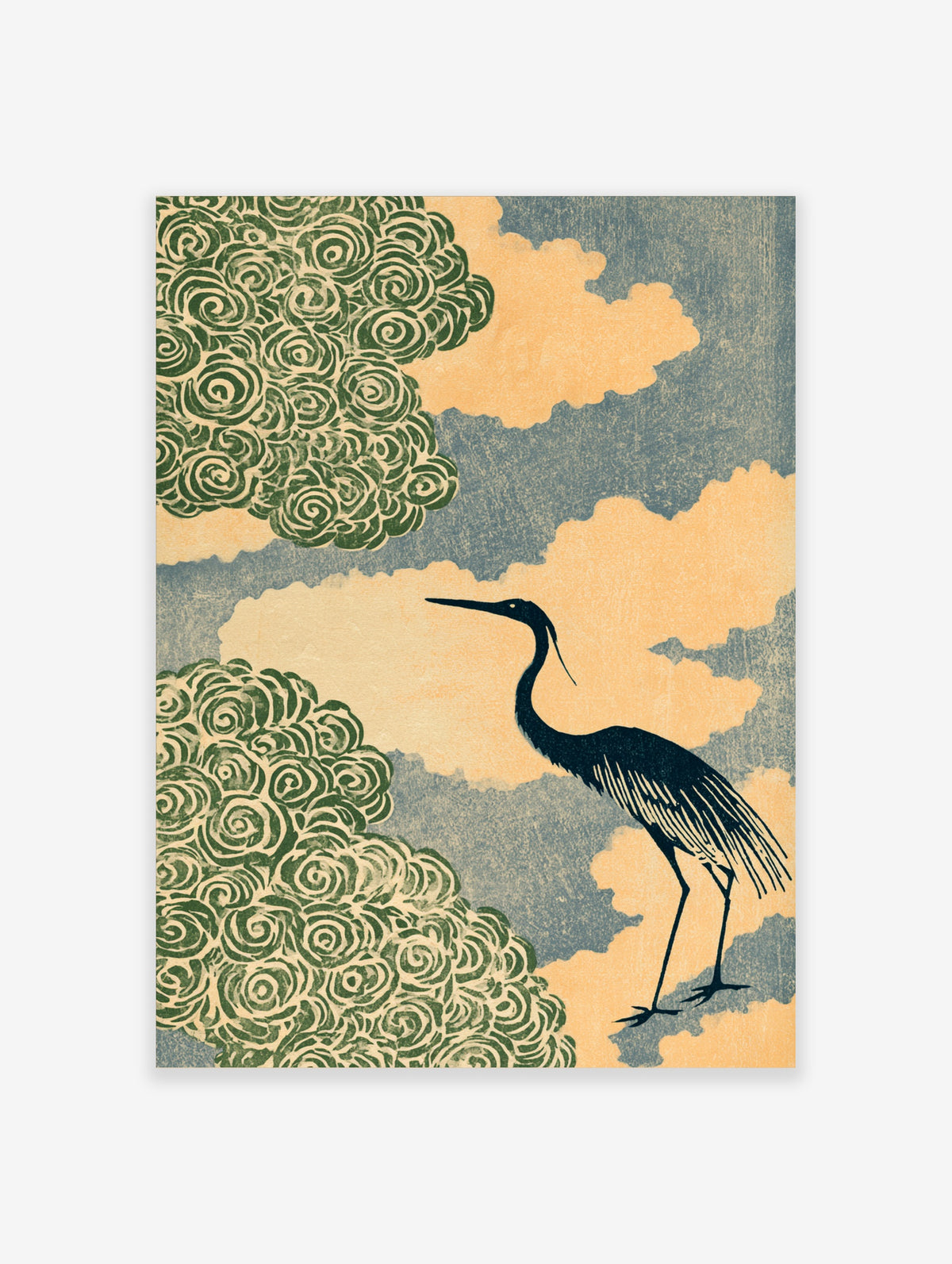 Japanese crane poster with dark bird silhouette, green spiral clouds and blue sky background