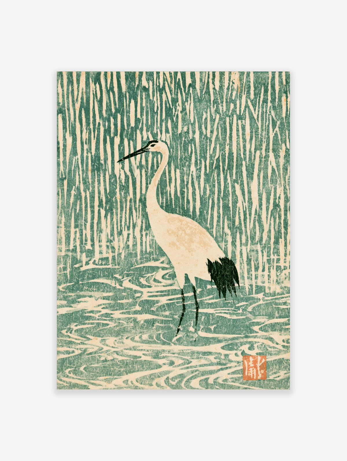 Japanese crane art print standing in water with green reeds background