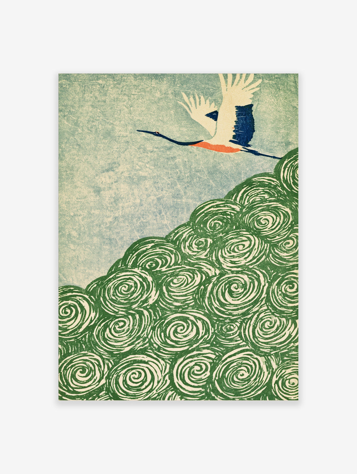 Japanese crane flying over green swirl clouds art print in cream, navy and orange