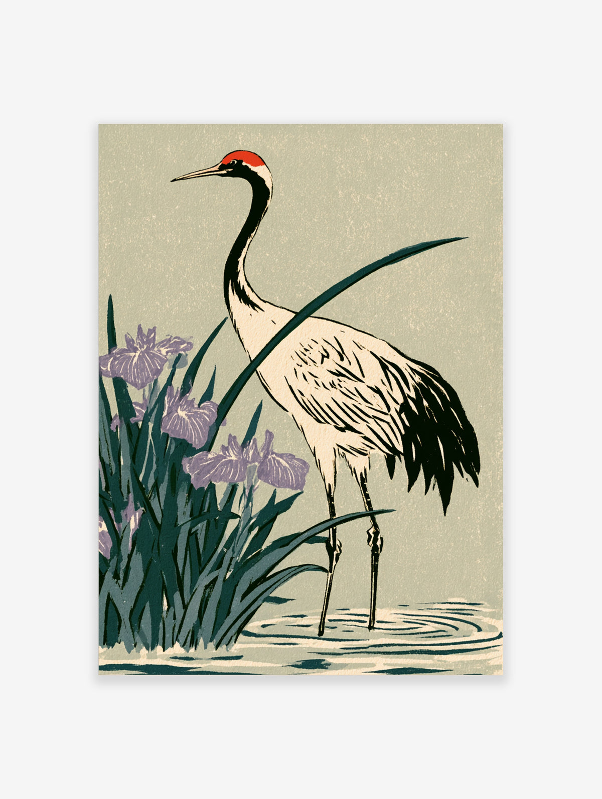 Japanese crane poster with red-crowned crane standing in water beside purple iris flowers and green leaves