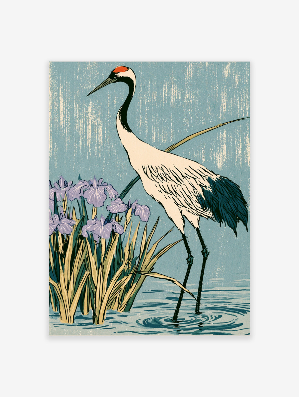 Japanese crane poster with red-crowned crane, purple iris flowers, and reeds on blue background