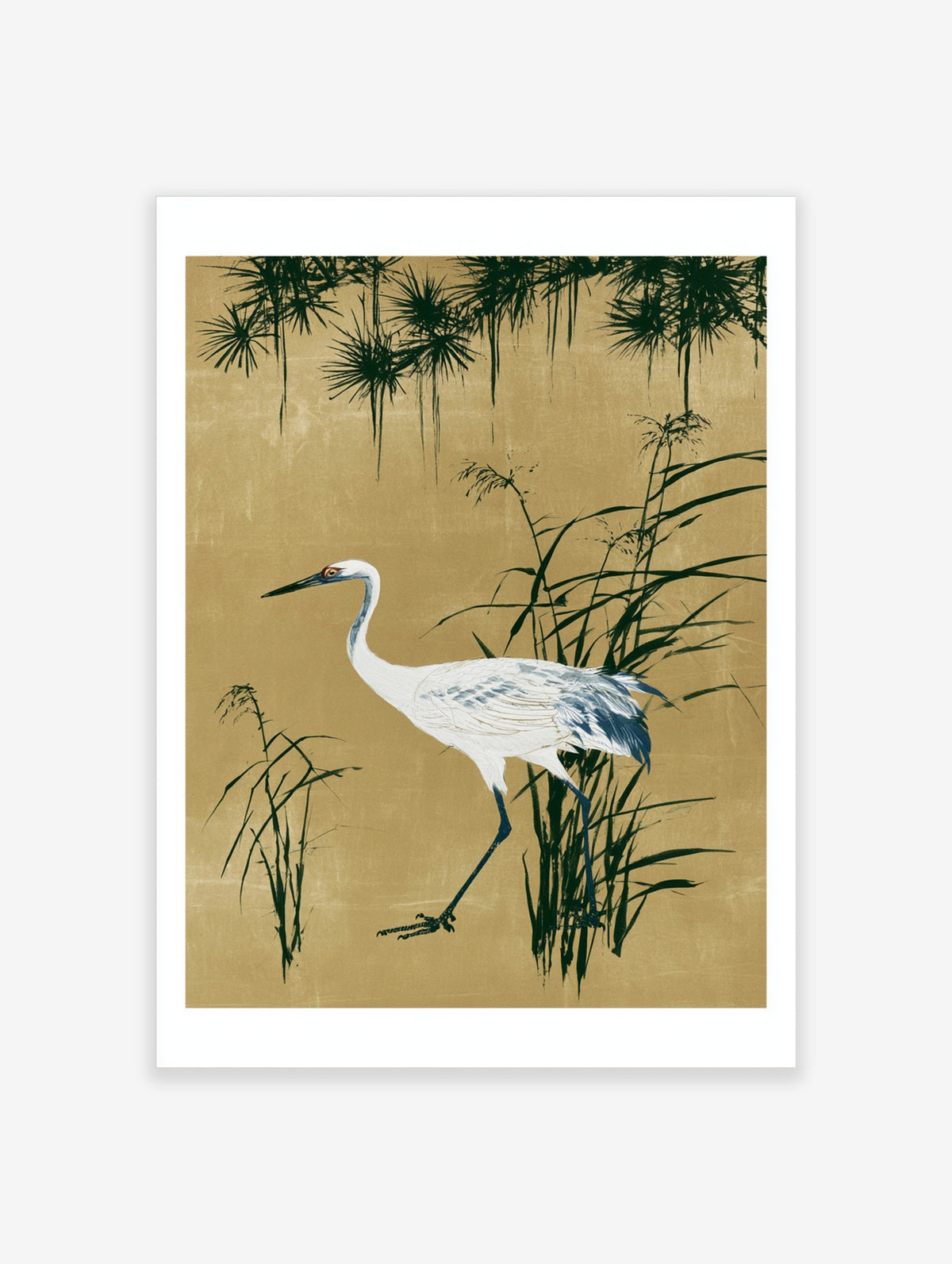White crane standing among green reeds on a gold background, Japanese-style poster
