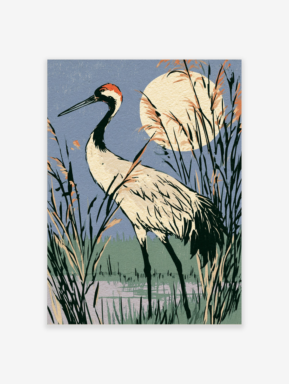 Japanese crane poster with red-crowned crane, reeds and pale moon on blue background