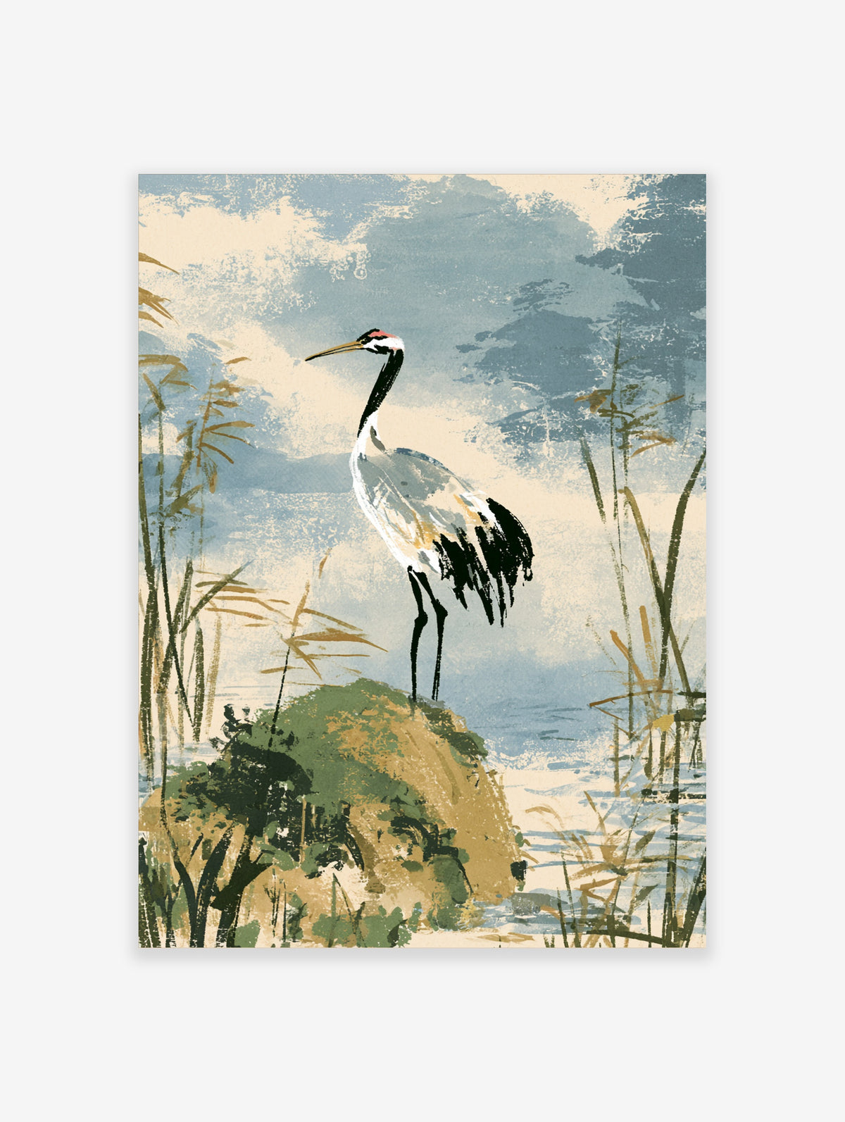 Japanese crane poster with red-crowned crane on mossy rock among reeds, blue and beige sky
