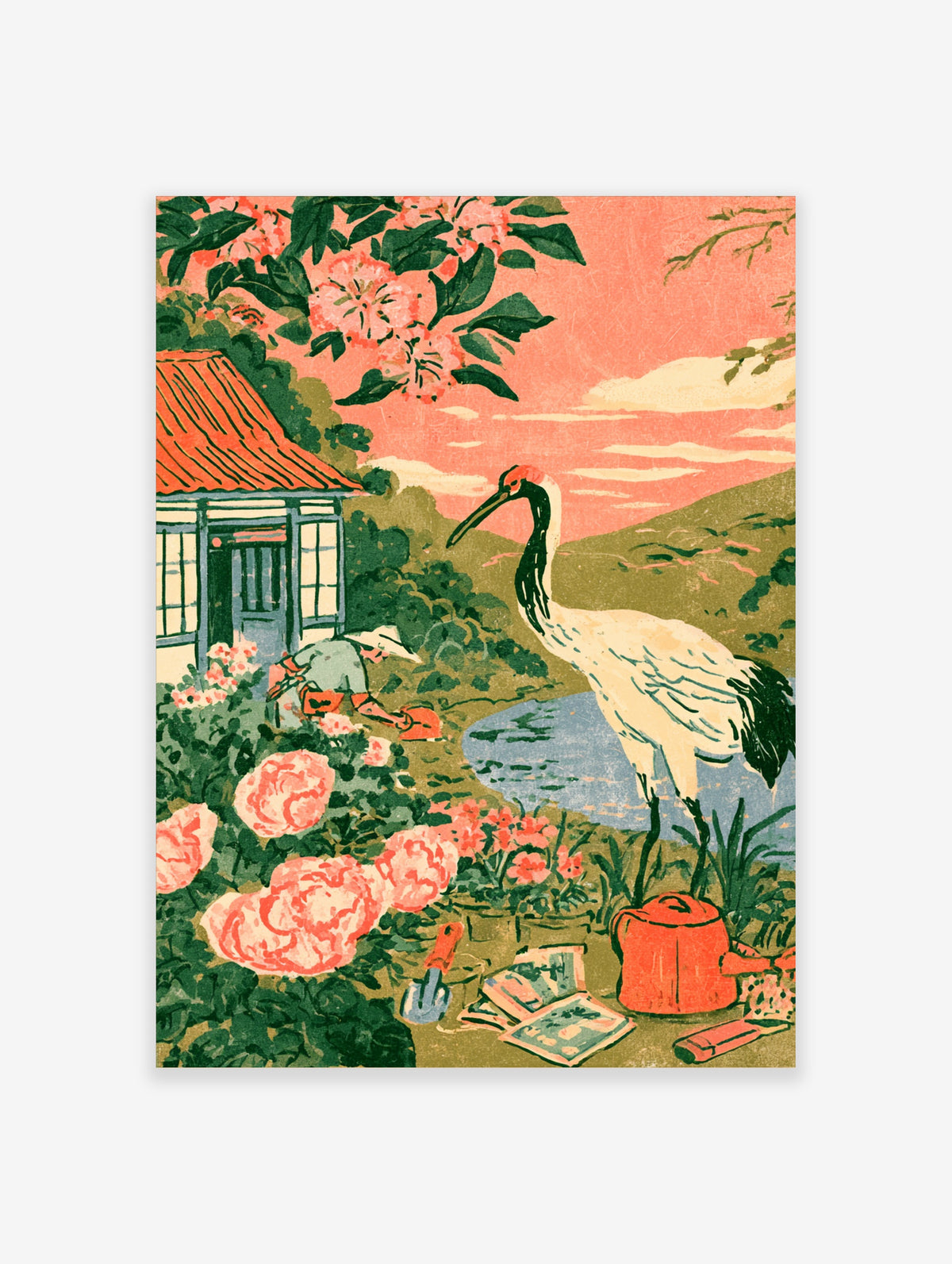 Japanese crane poster with red-crowned crane, pink blossoms, gardener, and pond in a garden