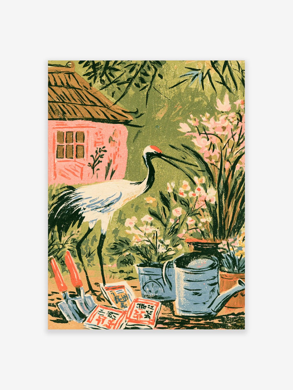 Japanese crane poster with pink house, blue watering can, and blossom garden scene