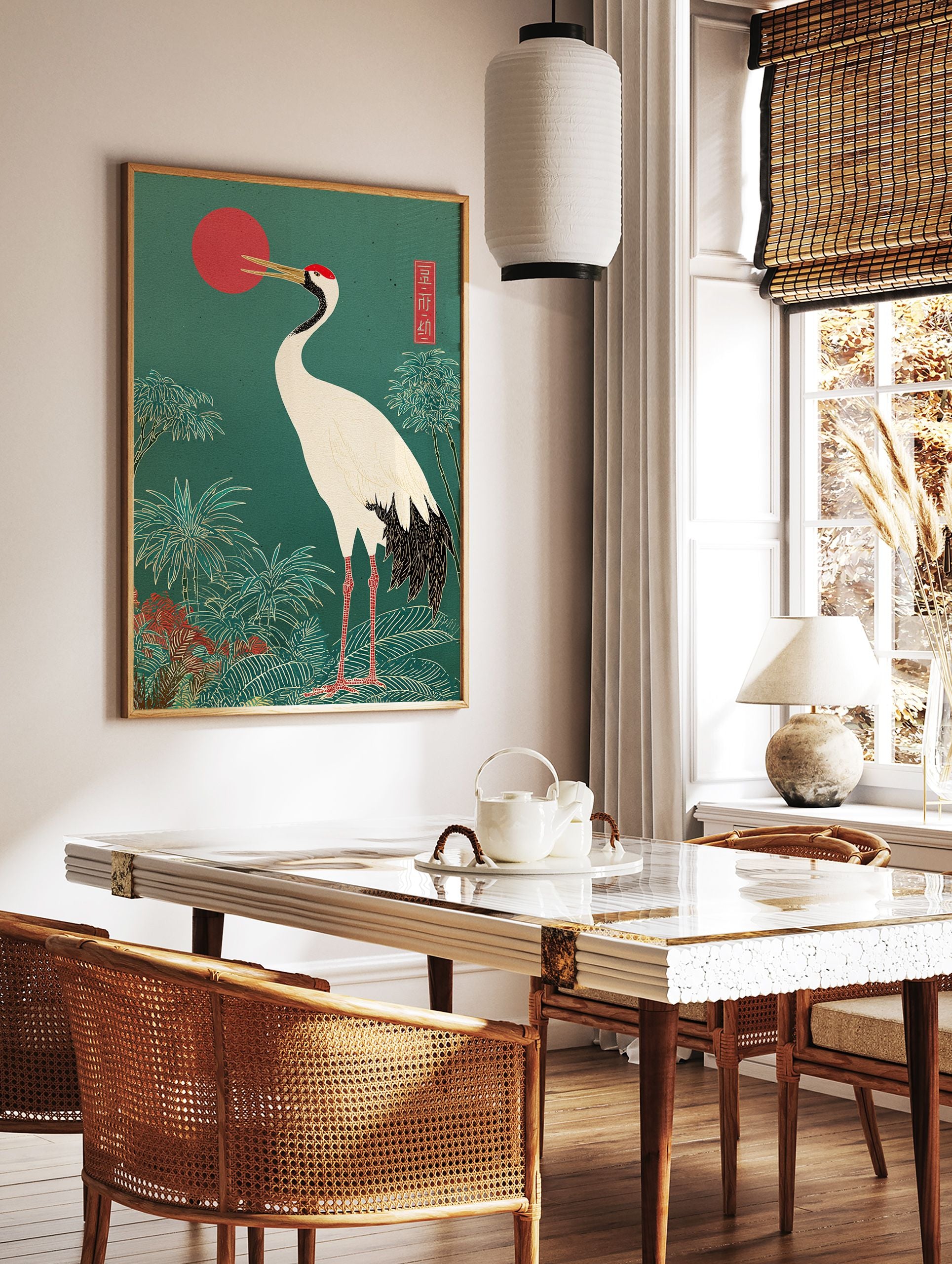 Japanese crane poster with a white crane, red sun, and green tropical foliage in an oriental art style. - Image 2
