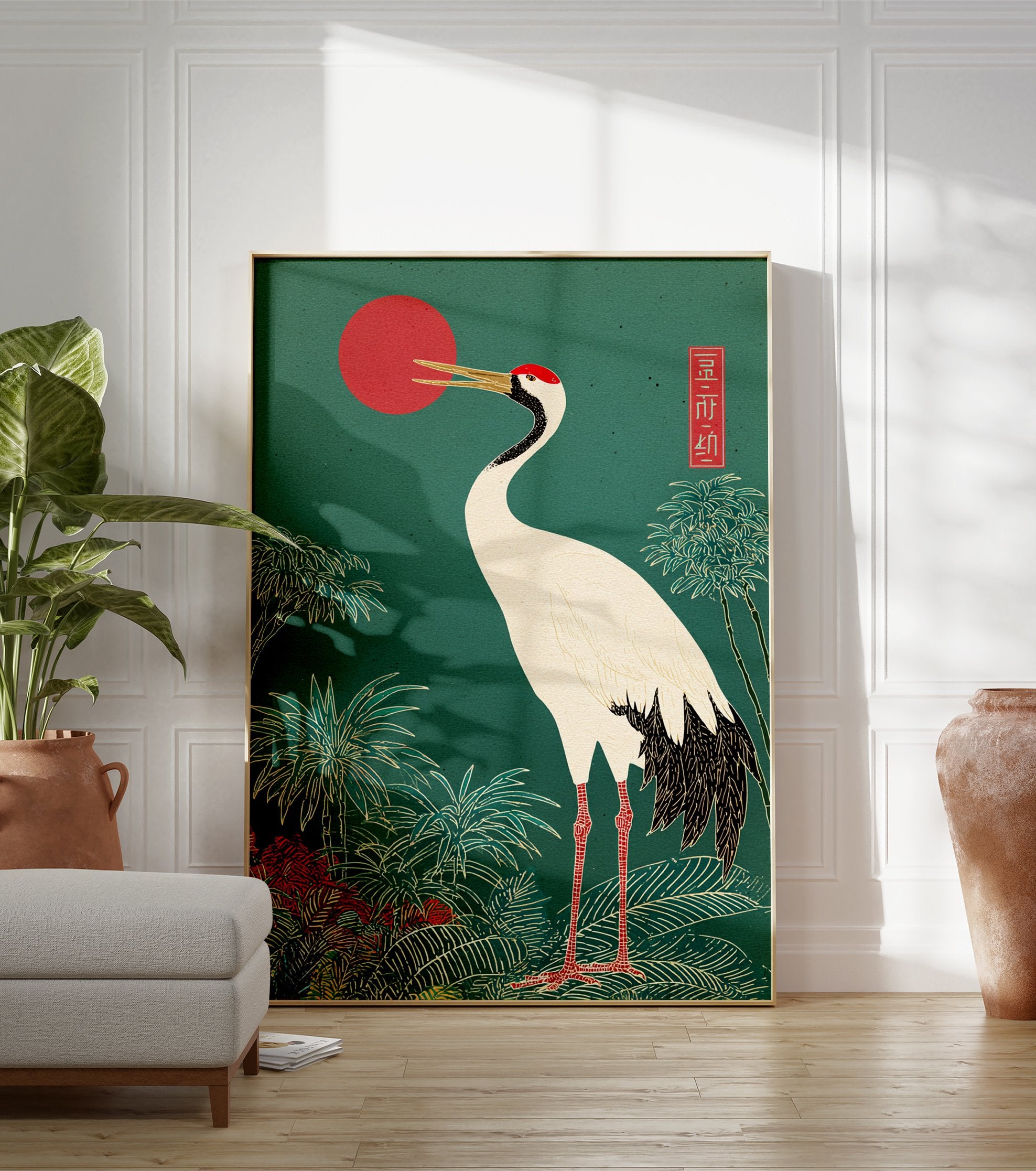 Japanese crane poster with a white crane, red sun, and green tropical foliage in an oriental art style. - Image 3