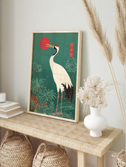 Japanese crane poster with a white crane, red sun, and green tropical foliage in an oriental art style. - Image 4