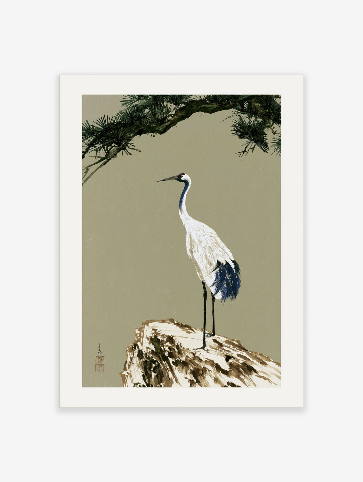 Red-crowned crane standing on a rock beneath pine branches, Japanese style illustration