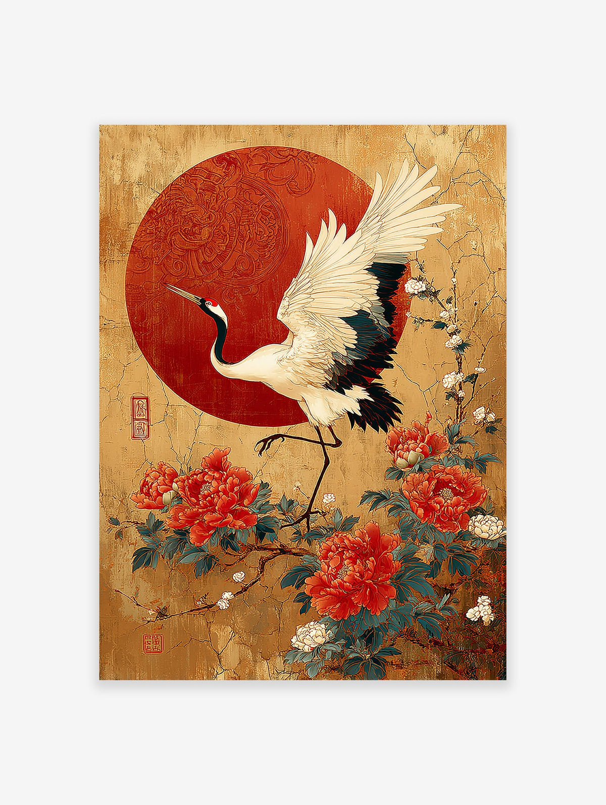 Japanese crane poster with a white crane, red peonies, and a red sun on a gold, crackled background.