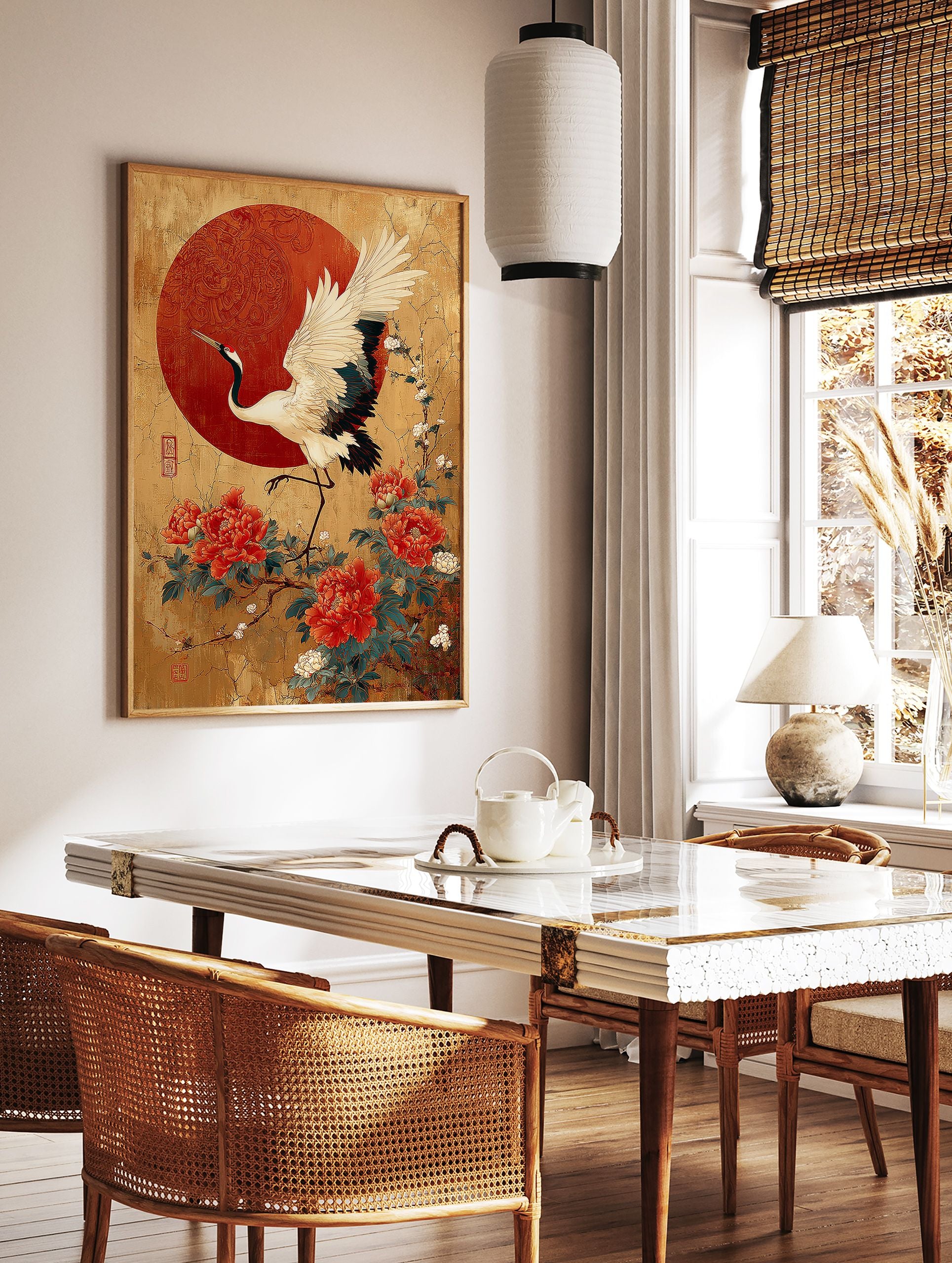Japanese crane poster with a white crane, red peonies, and a red sun on a gold, crackled background. - Image 2