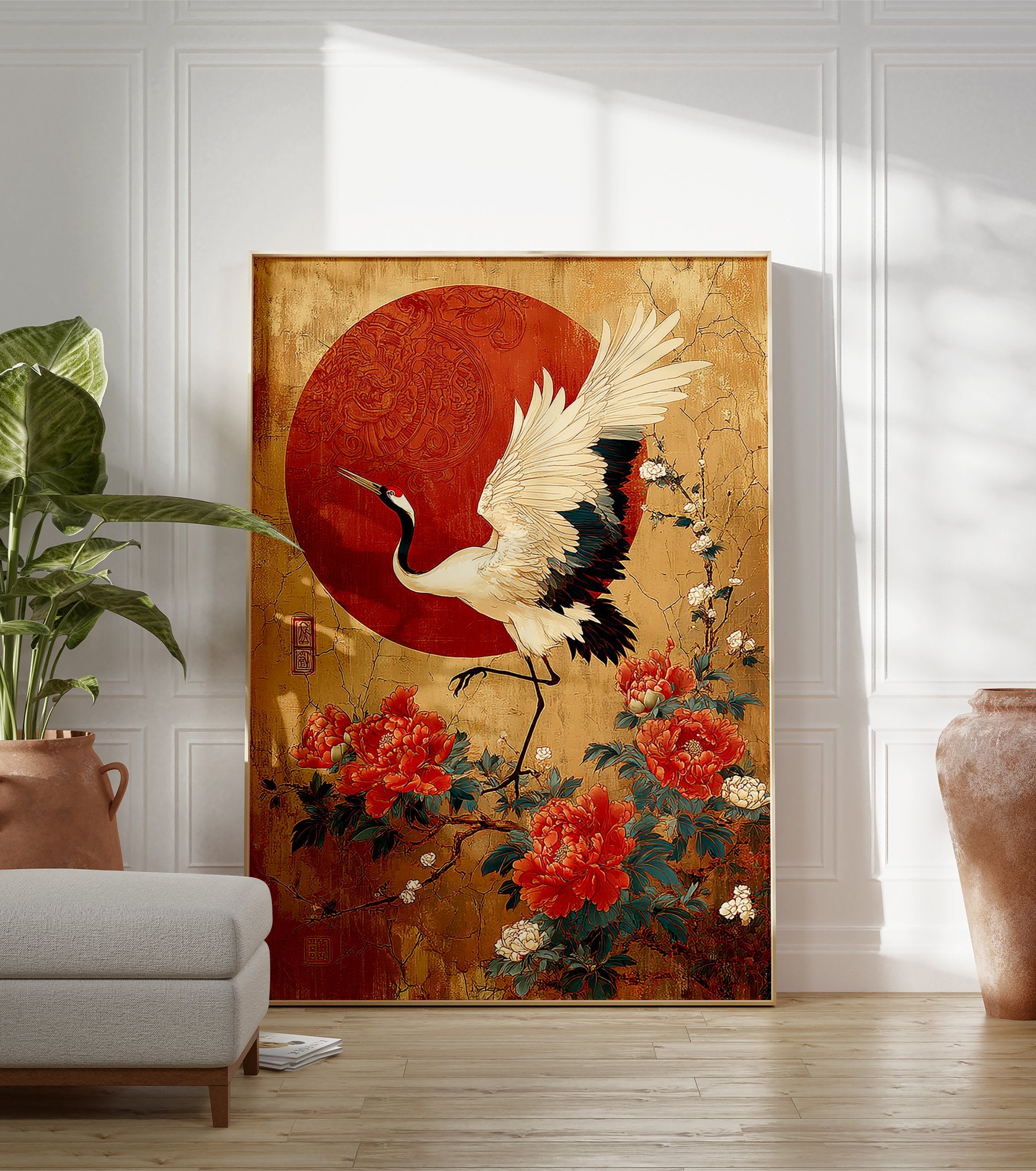 Japanese crane poster with a white crane, red peonies, and a red sun on a gold, crackled background. - Image 3