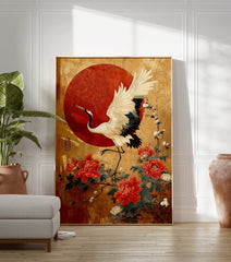 Japanese crane poster with a white crane, red peonies, and a red sun on a gold, crackled background. - Image 3