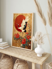 Japanese crane poster with a white crane, red peonies, and a red sun on a gold, crackled background. - Image 4