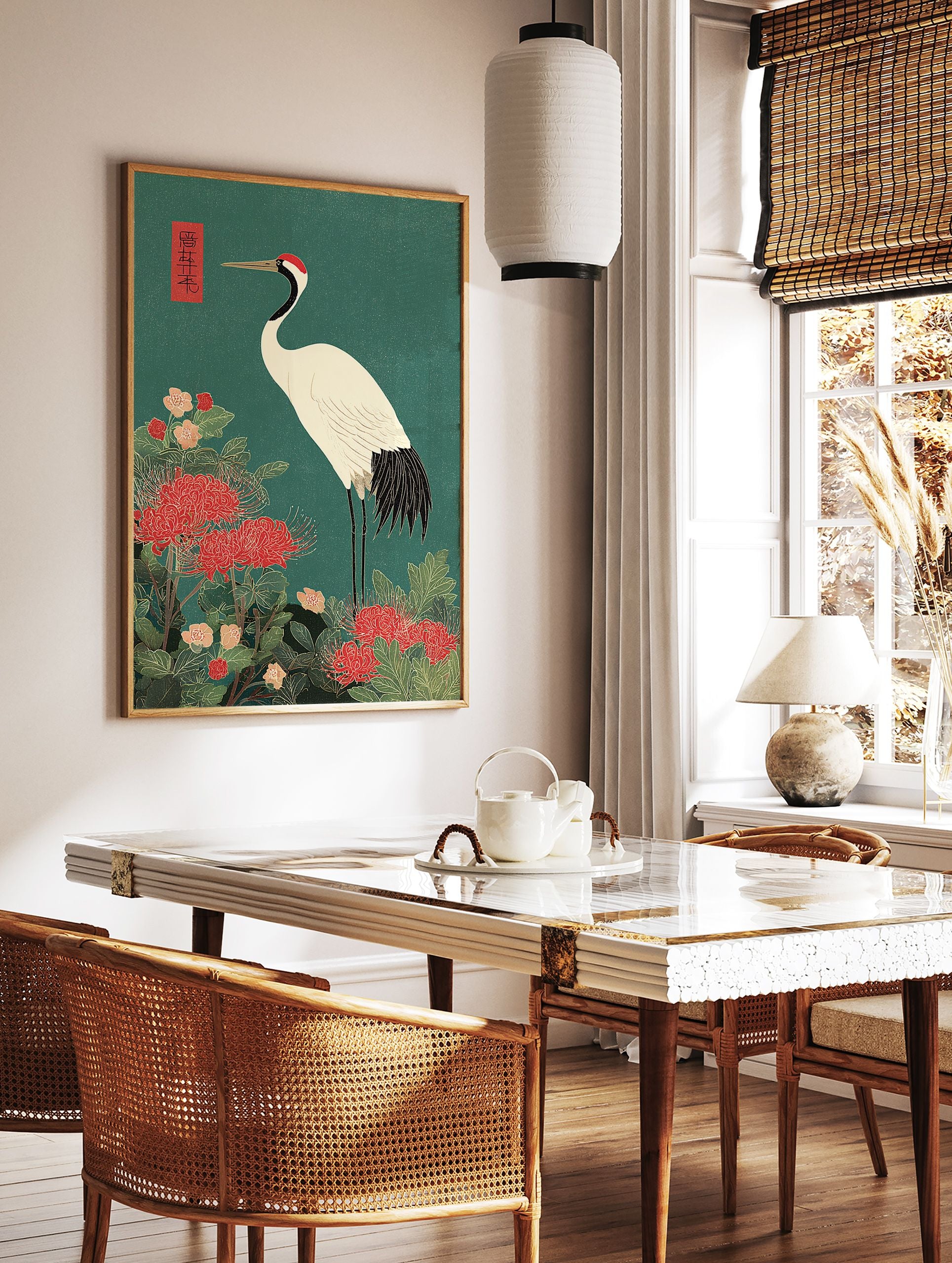 Japanese Crane poster with a red-crowned crane standing among red spider lilies and green foliage on a teal background. - Image 2