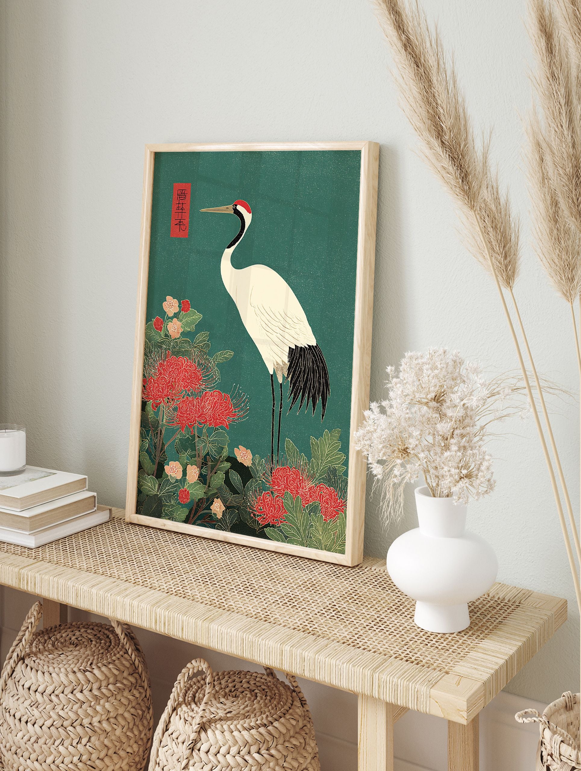 Japanese Crane poster with a red-crowned crane standing among red spider lilies and green foliage on a teal background. - Image 4