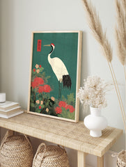 Japanese Crane poster with a red-crowned crane standing among red spider lilies and green foliage on a teal background. - Image 4