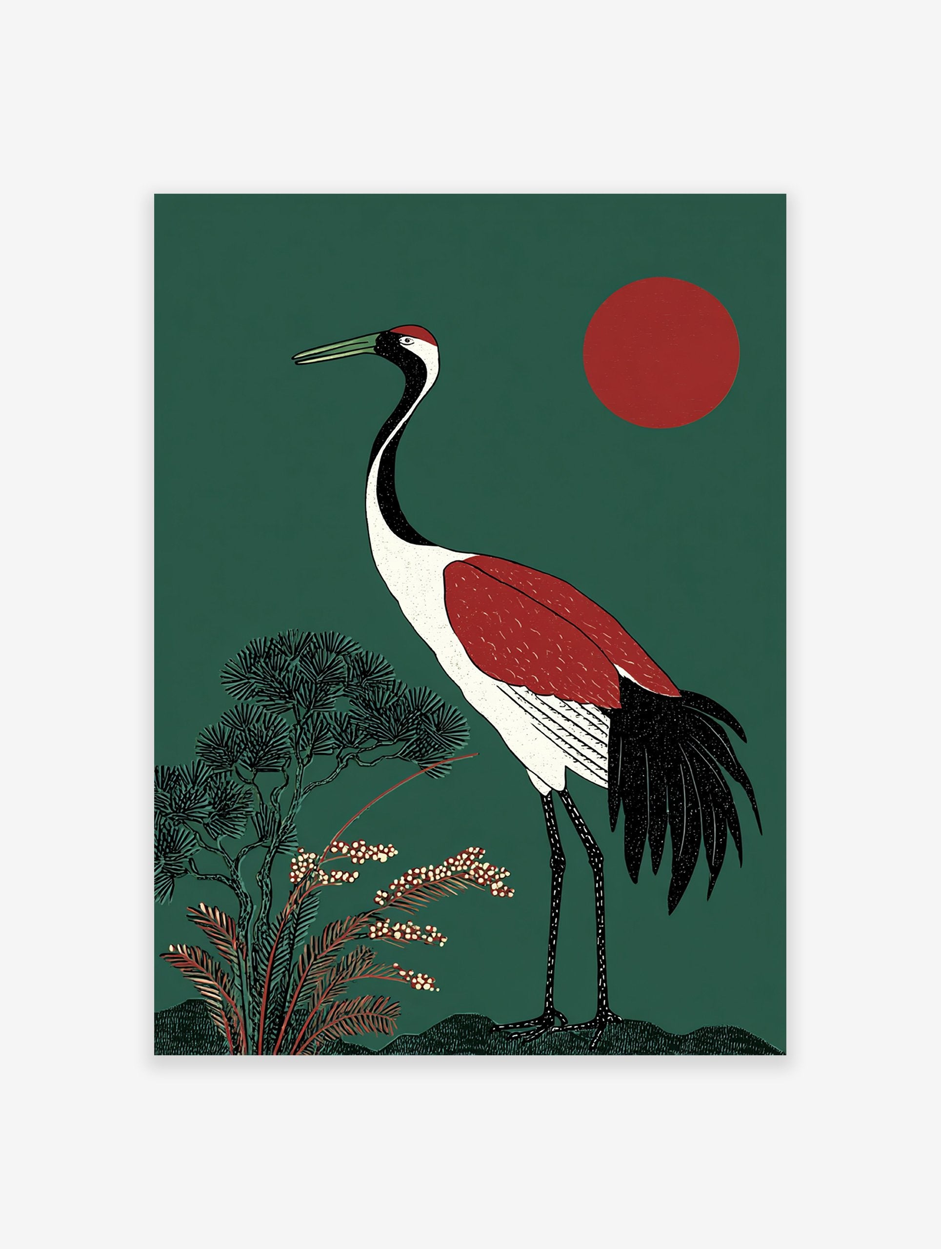 Japanese Crane poster showing a large crane with red and black markings against a deep green background with a red sun and foliage.