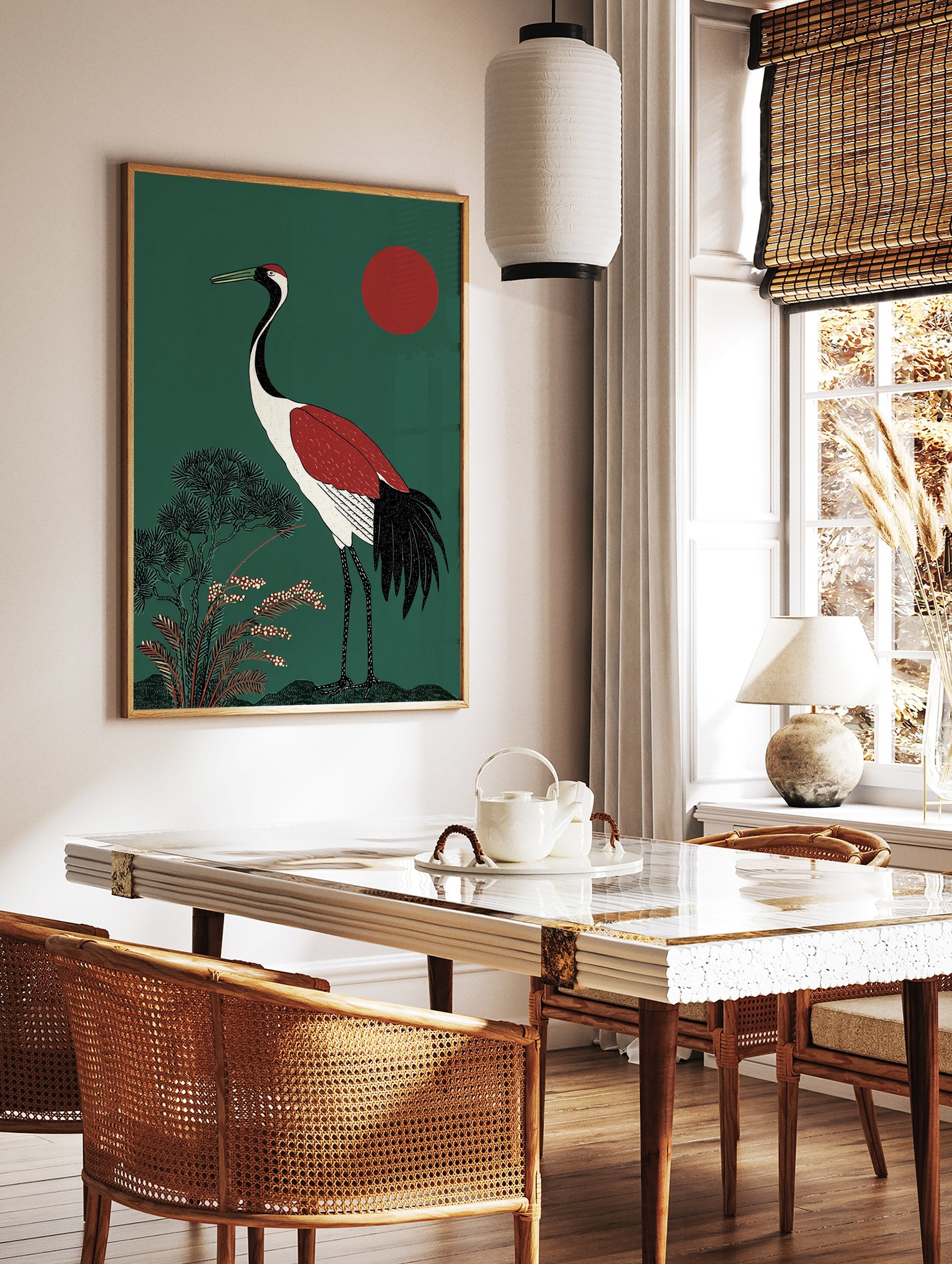 Japanese Crane poster showing a large crane with red and black markings against a deep green background with a red sun and foliage. - Image 2
