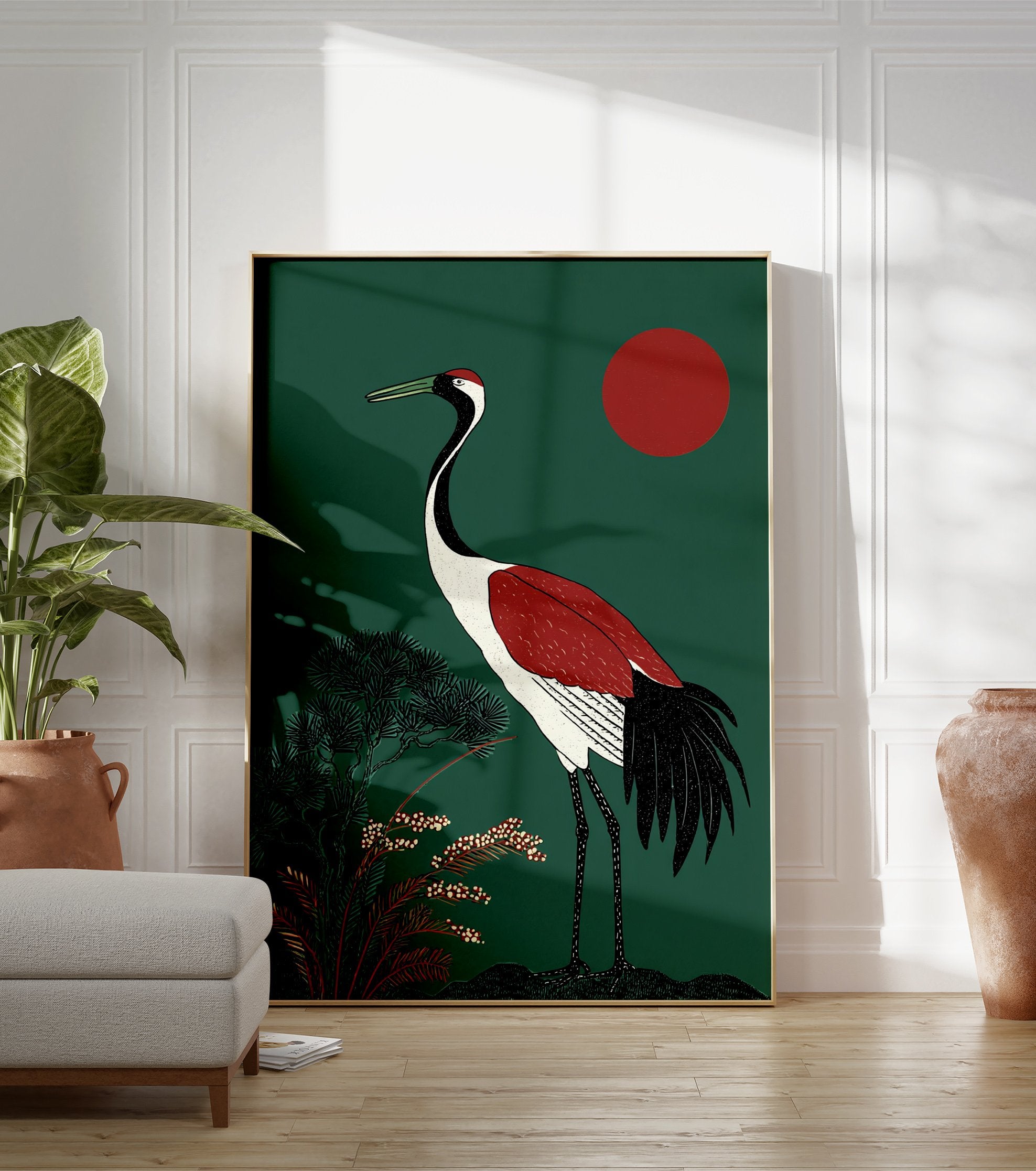 Japanese Crane poster showing a large crane with red and black markings against a deep green background with a red sun and foliage. - Image 3