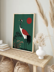 Japanese Crane poster showing a large crane with red and black markings against a deep green background with a red sun and foliage. - Image 4