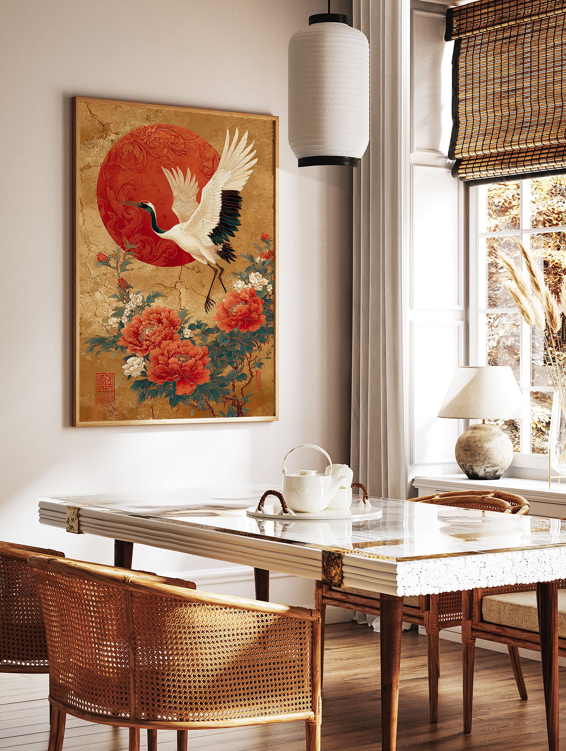 Japanese crane poster with red sun and peonies against a gold background. - Image 2