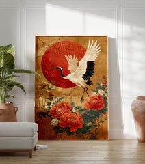 Japanese crane poster with red sun and peonies against a gold background. - Image 3