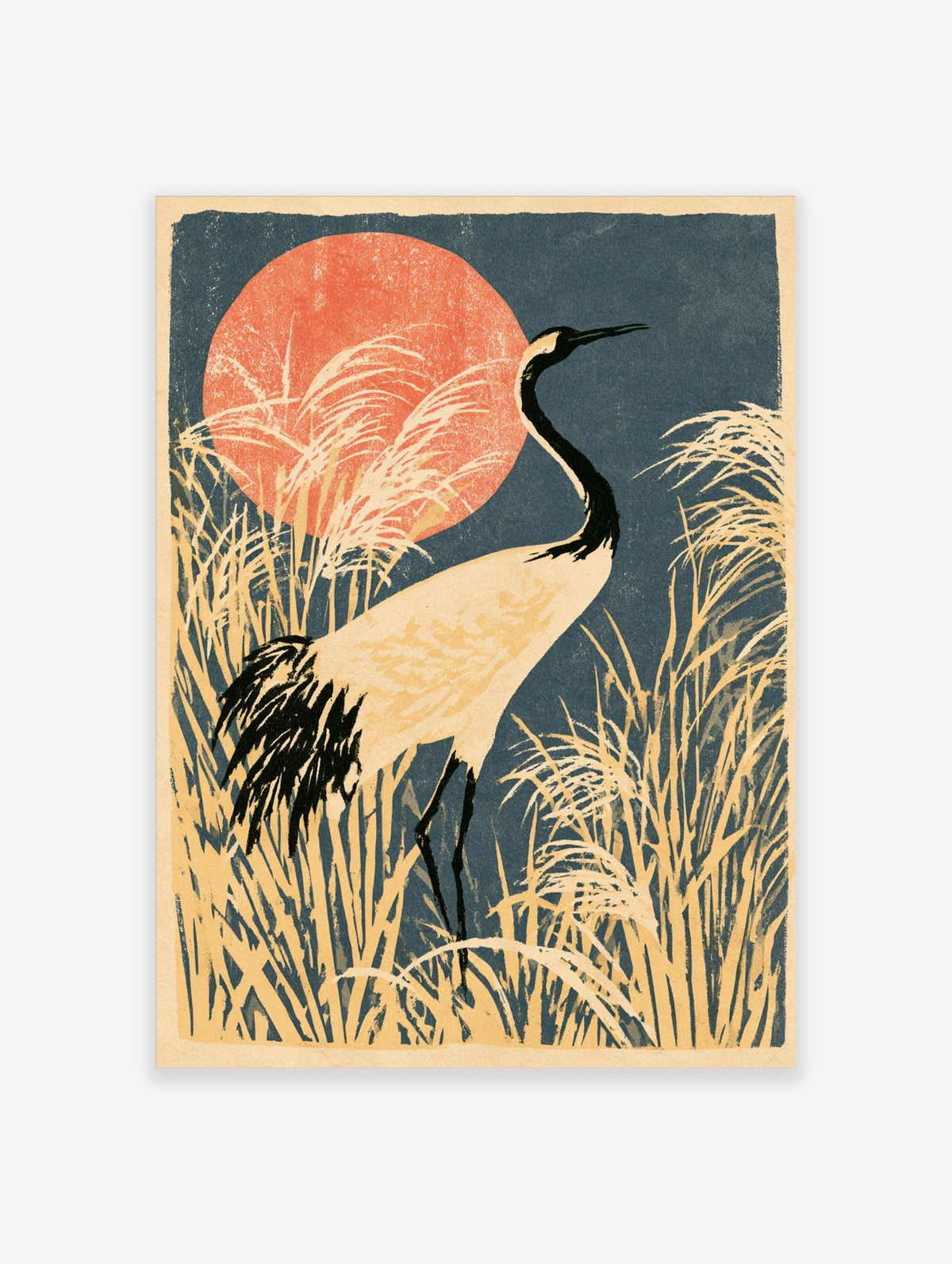 Japanese crane poster with red sun, tall reeds, and cream bird on blue background