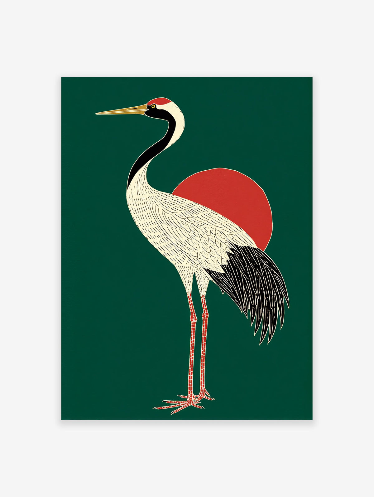 Japanese crane poster with a white body, black neck and tail, red head crest, and golden beak, standing in front of a red sun on a dark green background.