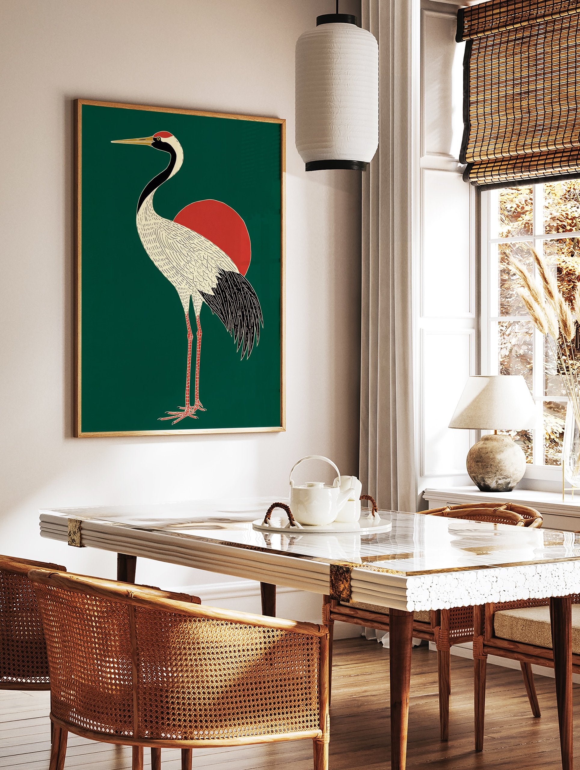 Japanese crane poster with a white body, black neck and tail, red head crest, and golden beak, standing in front of a red sun on a dark green background. - Image 2