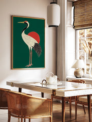 Japanese crane poster with a white body, black neck and tail, red head crest, and golden beak, standing in front of a red sun on a dark green background. - Image 2