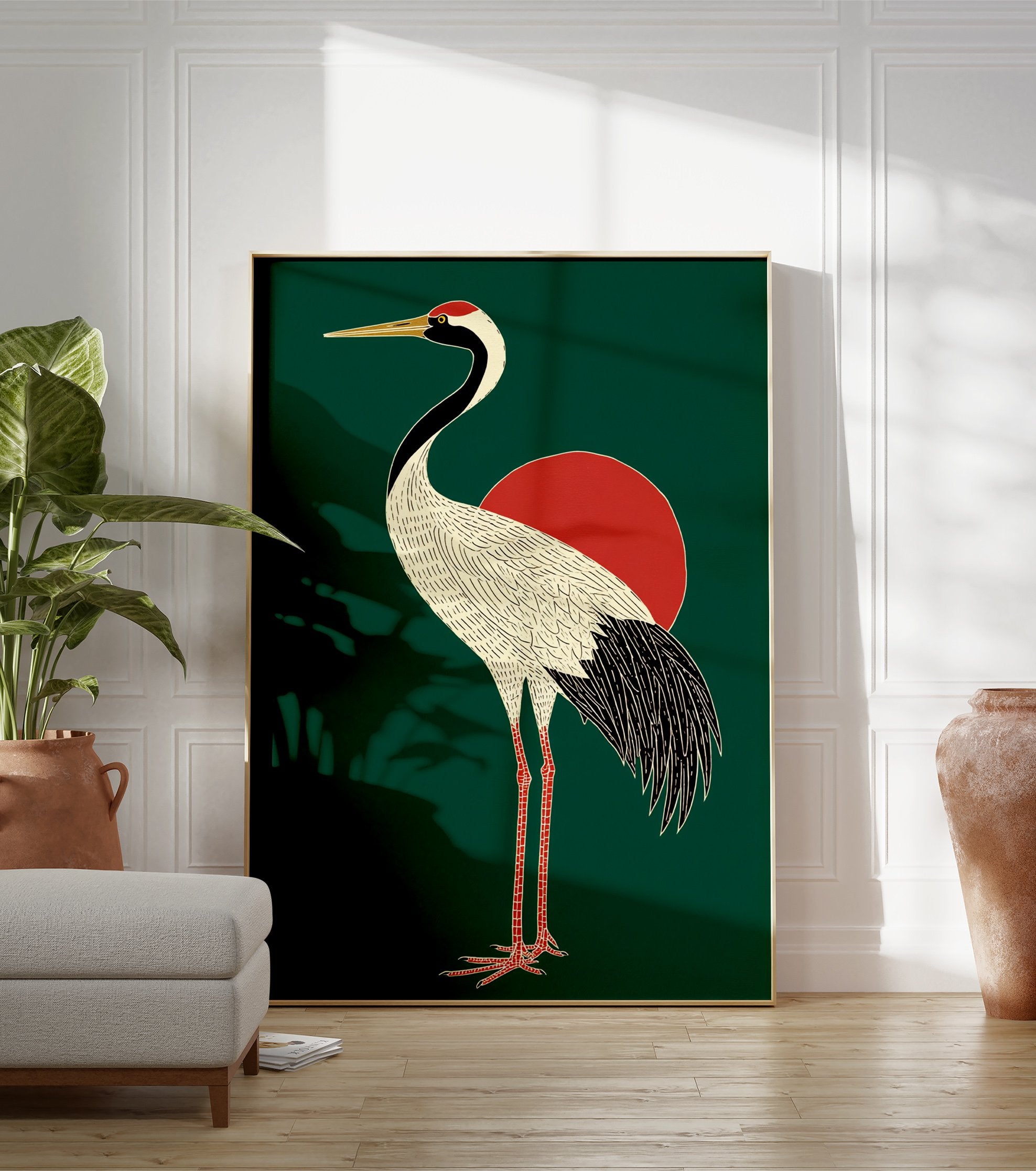 Japanese crane poster with a white body, black neck and tail, red head crest, and golden beak, standing in front of a red sun on a dark green background. - Image 3