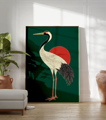 Japanese crane poster with a white body, black neck and tail, red head crest, and golden beak, standing in front of a red sun on a dark green background. - Image 3