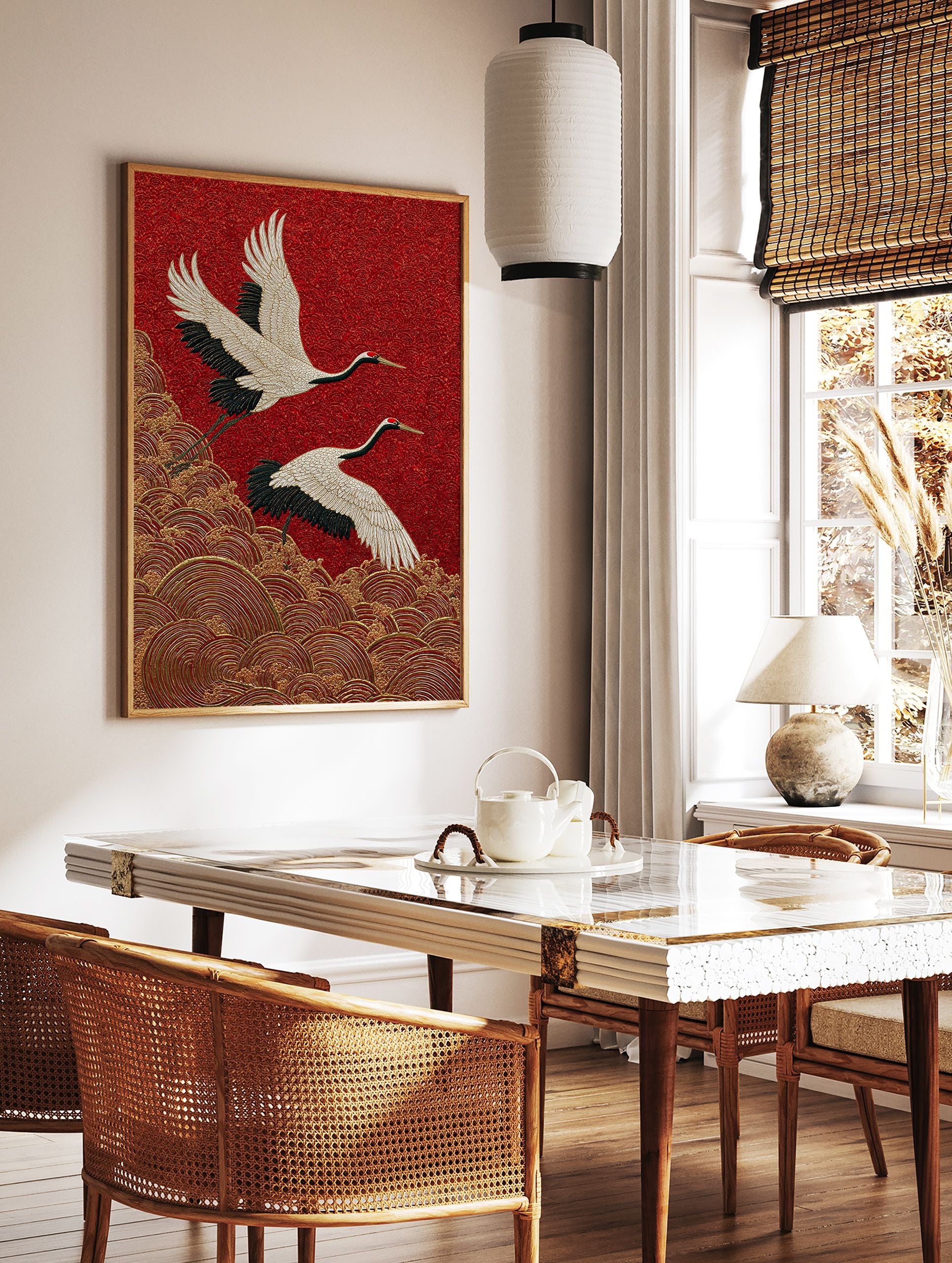 Japanese Crane poster showing two white and black cranes flying over golden waves on a textured red background. - Image 2