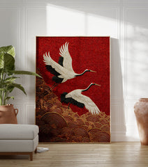 Japanese Crane poster showing two white and black cranes flying over golden waves on a textured red background. - Image 3