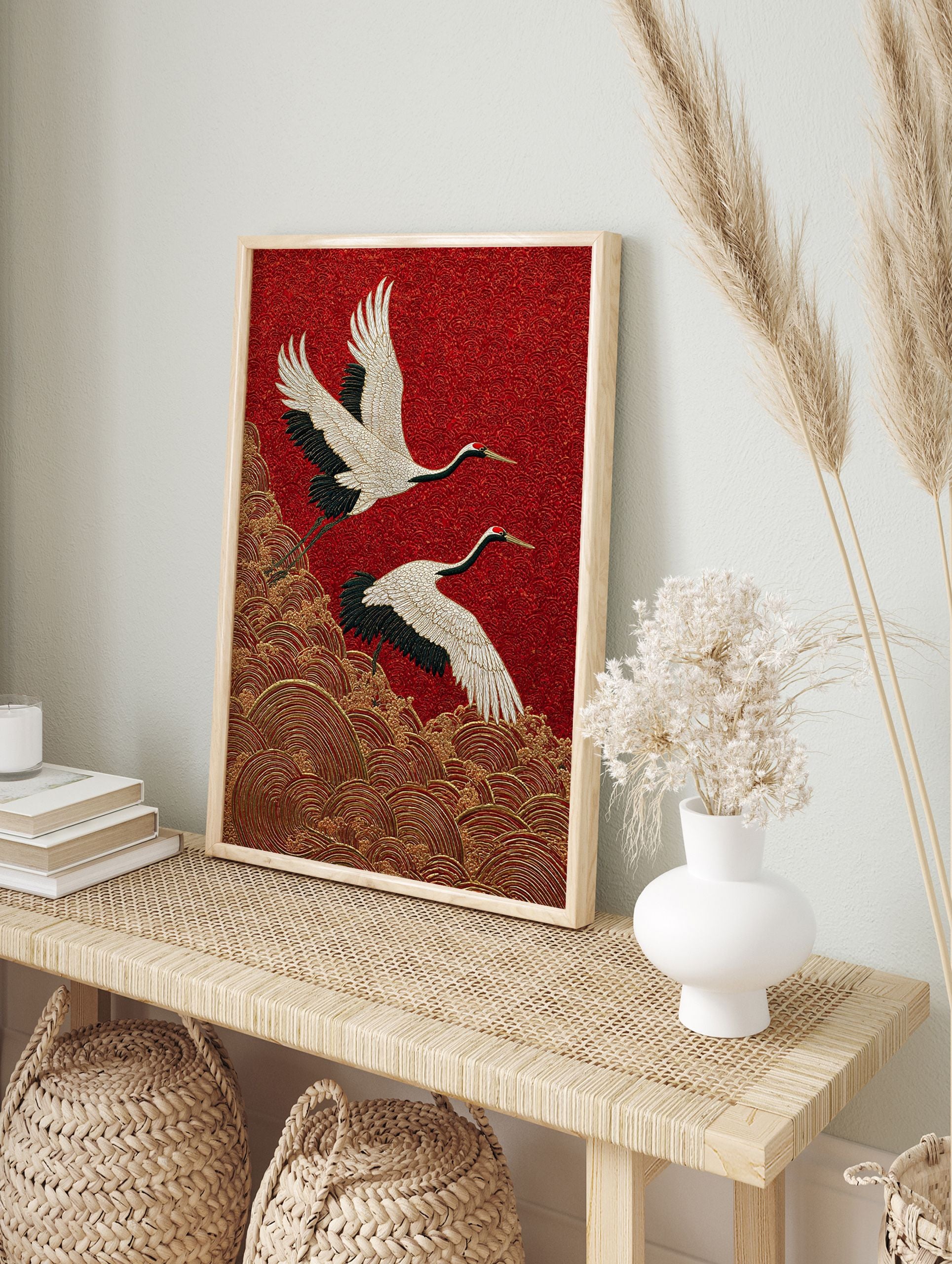 Japanese Crane poster showing two white and black cranes flying over golden waves on a textured red background. - Image 4