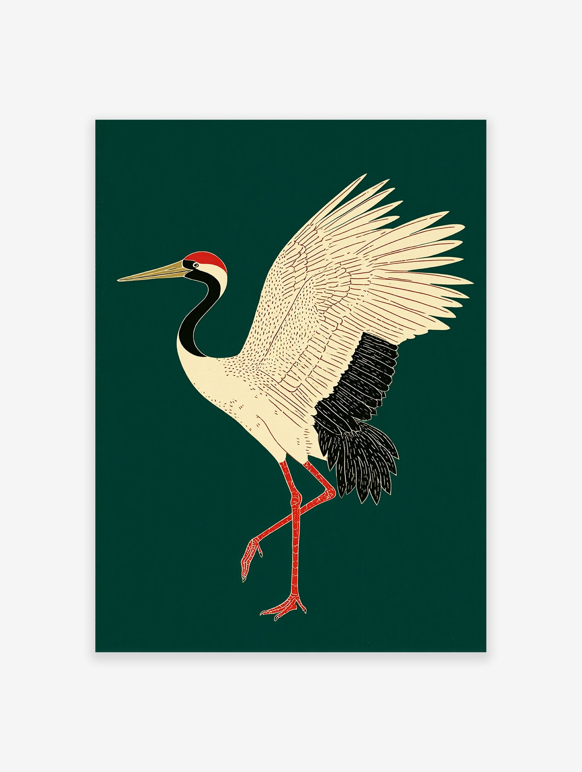 Japanese Red-crowned Crane poster illustration with white body, black neck, red head patch, and red legs on a dark green background.