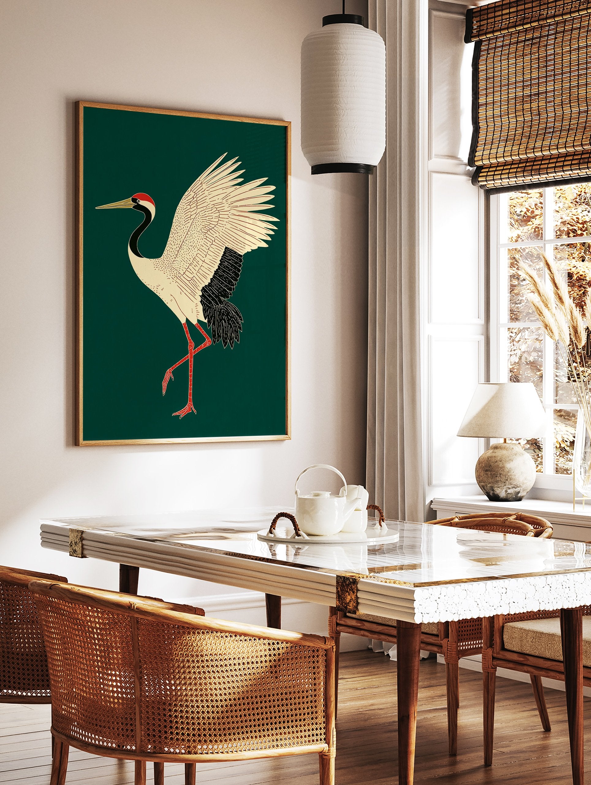 Japanese Red-crowned Crane poster illustration with white body, black neck, red head patch, and red legs on a dark green background. - Image 2