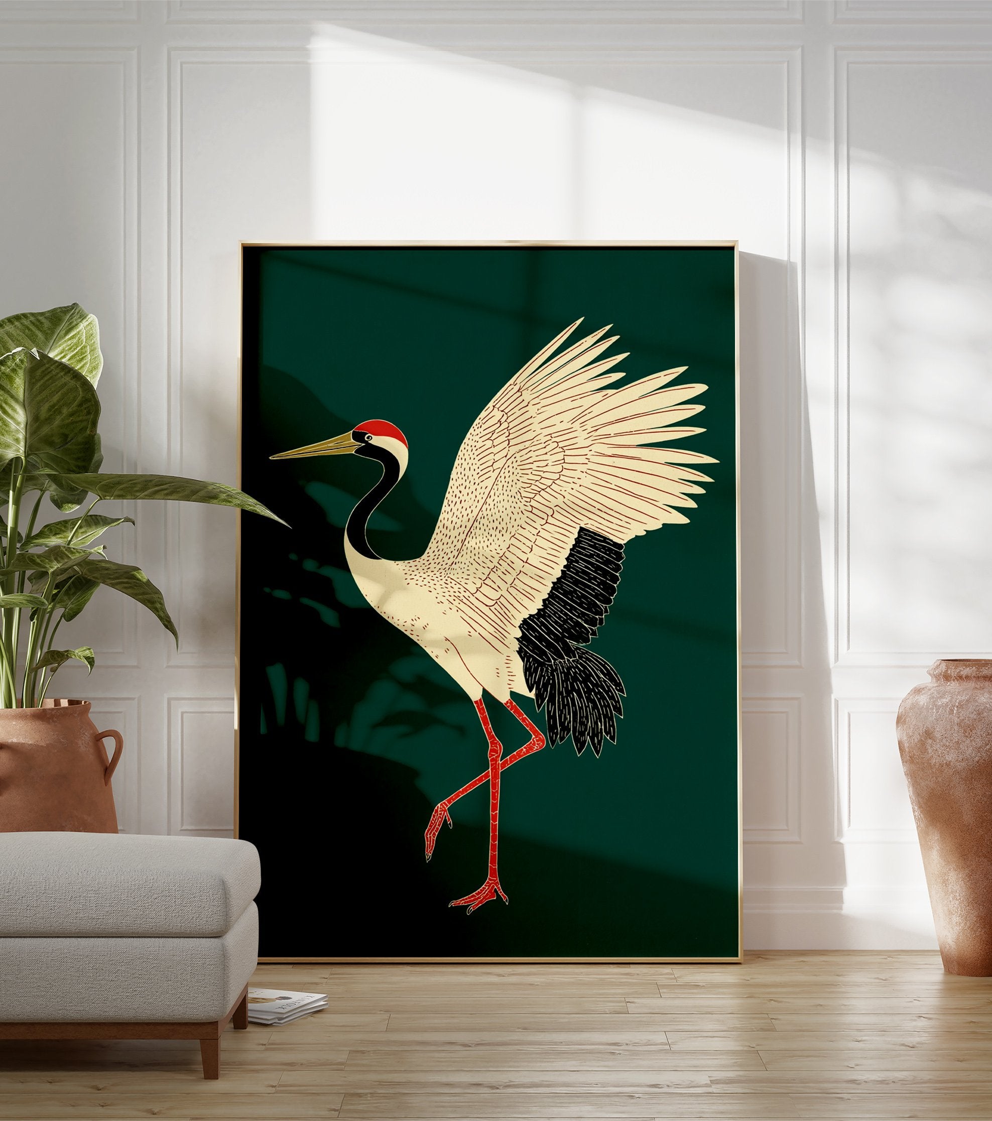 Japanese Red-crowned Crane poster illustration with white body, black neck, red head patch, and red legs on a dark green background. - Image 3