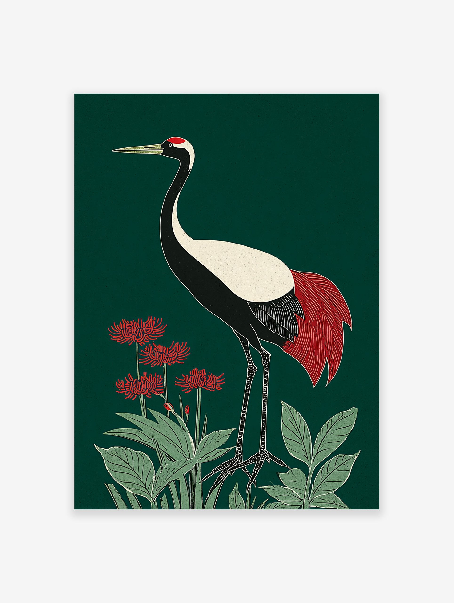 Japanese Crane poster with red tail feathers and a red crown, standing among red spider lilies and green leaves on a dark green background.