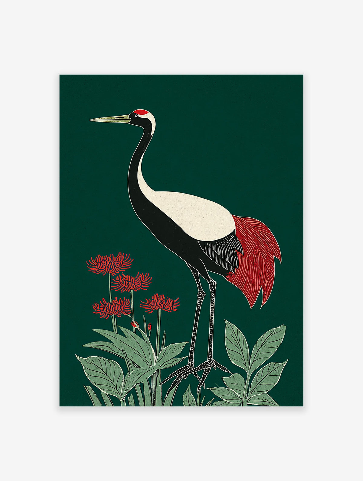 Japanese Crane poster with red tail feathers and a red crown, standing among red spider lilies and green leaves on a dark green background.